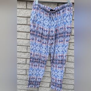 Karen Kane Women's Cropped High Waist Pants Size XL Blue White Coral Abstract